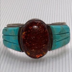 Jay King Sterling Silver Turquoise and Amber Statement Cuff Bracelet